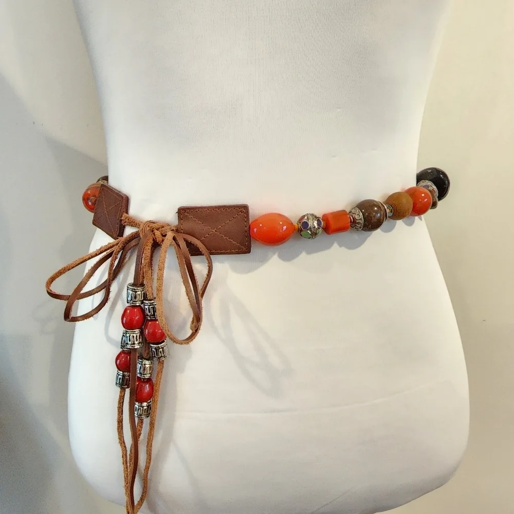 Vintage Boho Belt Art Beads Leather Retro Hippie Bohemian Colorful Orange